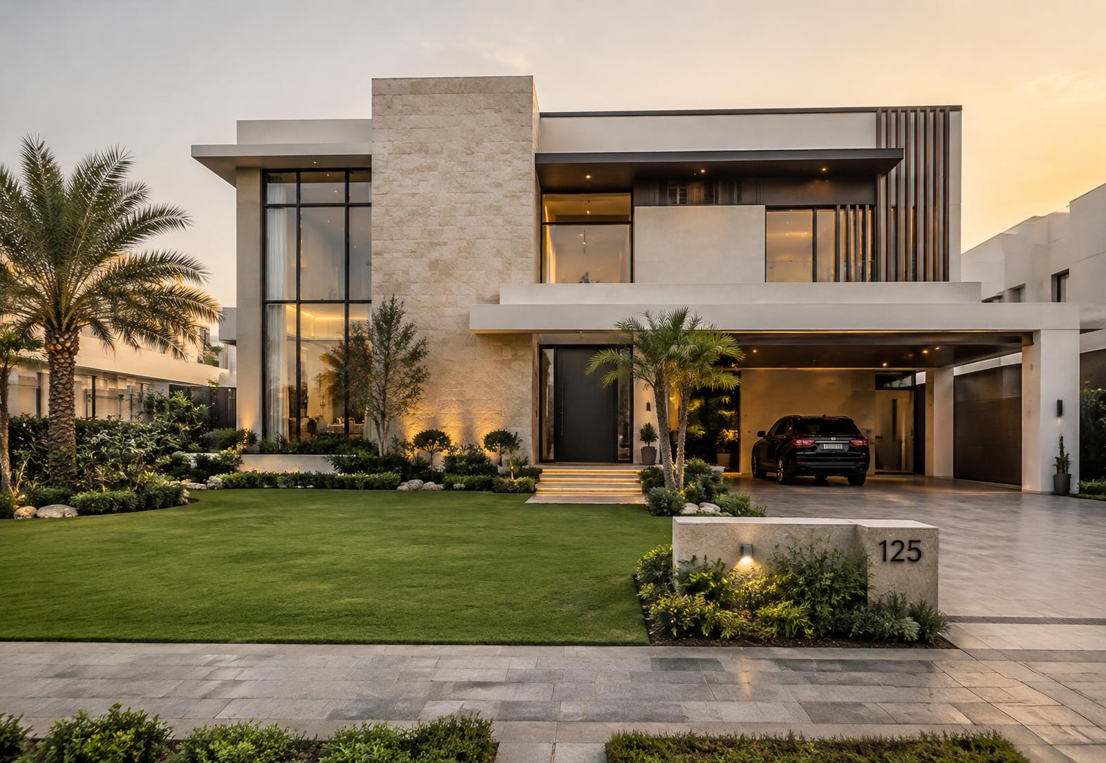 Stone-clad modern villa with landscaped lawn